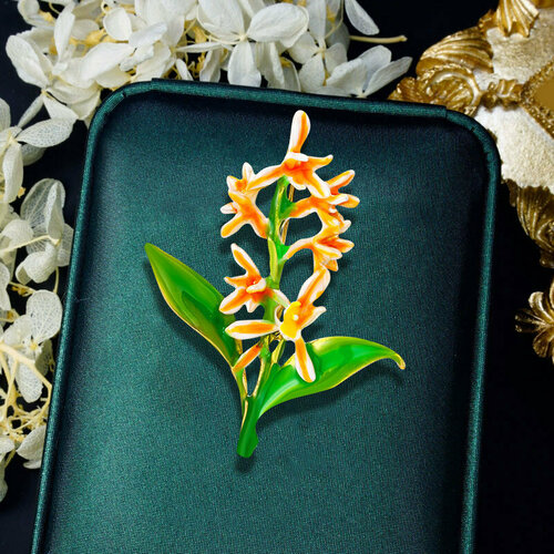 фото Брошь брошь "орхидея" для женщин, украшение на пиджак и кардиган, на одежду, орхидея, эмаль, желтый, оранжевый