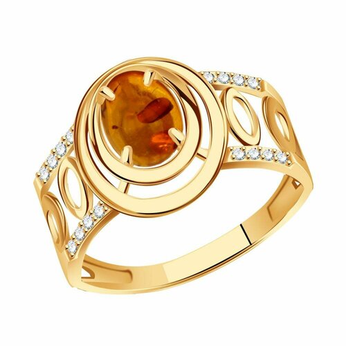 Кольцо Diamant online, золото, 585 проба, янтарь, фианит, размер 19, коричневый
