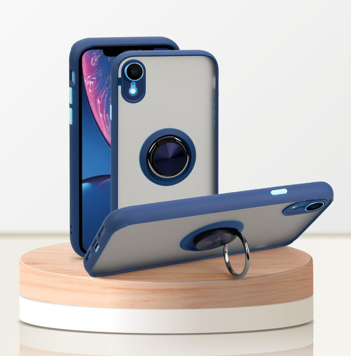 Чехол для iPhone XR / чехол айфон xr, синий, с кольцом, магнитный, подставка, защита камеры
