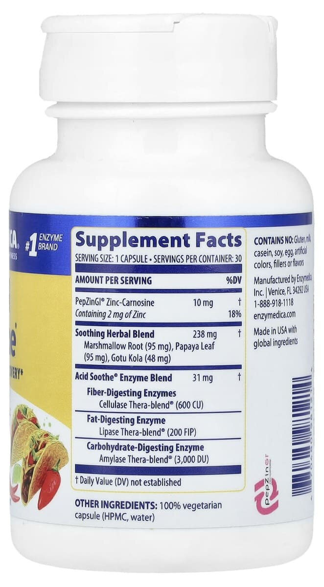 Картинки Enzymedica Acid Soothe, Пищевая добавка от изжоги и кислотного дискомфорта 30 капсул