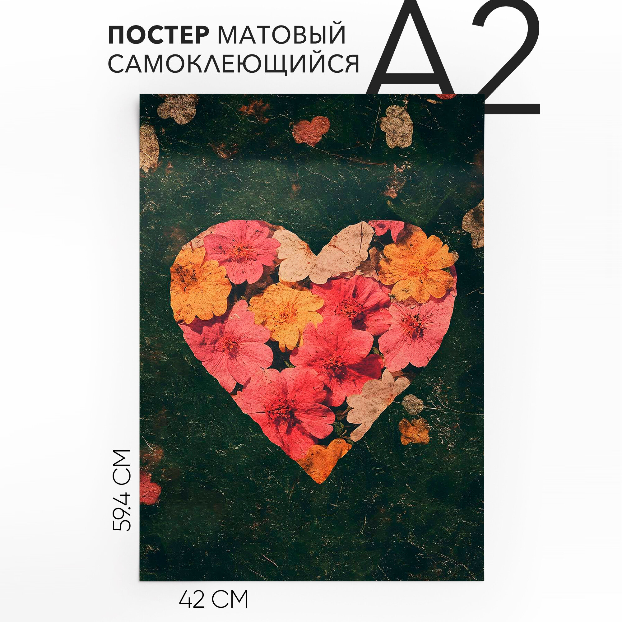 Постер настенный самоклеящийся большой A2 Сердце из цветов влагостойкий для декора