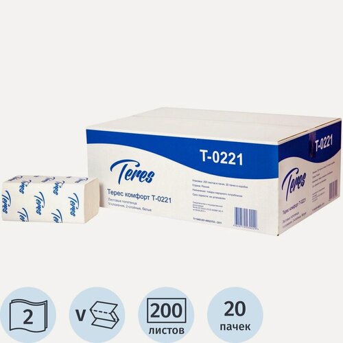Изображение товара Полотенце бумажное листовое терес стандарт V(ZZ)-сложение, 1 слой, 250л/уп, 23х22см, 35г/м2, белое, 20шт/уп, Т-0200