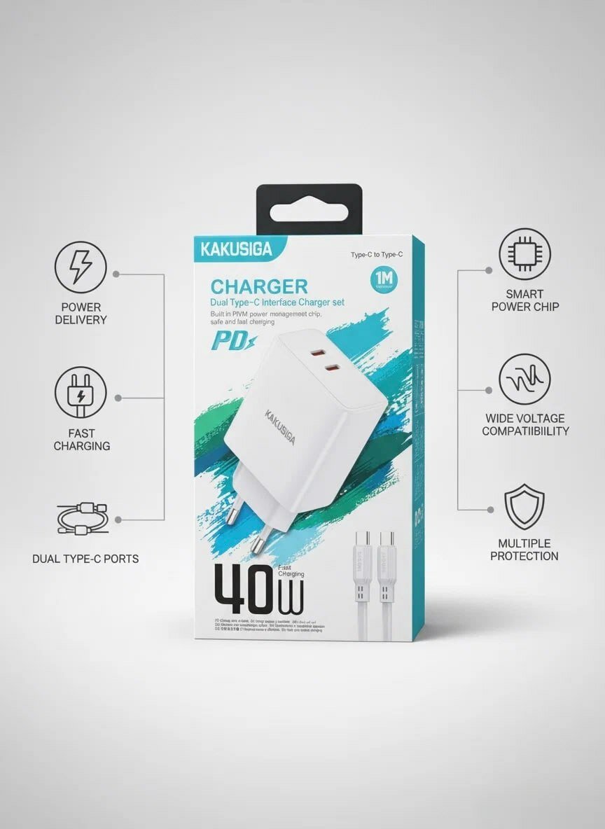 Зарядное устройство KAKUSIGA PD40W Dual, с 2 портами, Type-C