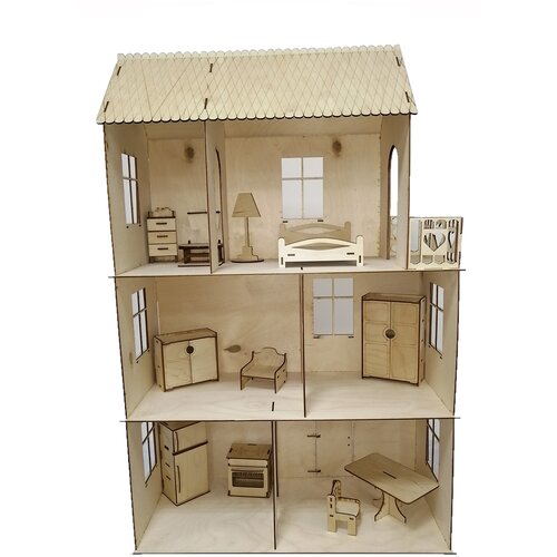Деревянный Кукольный домик №6-1 Малый (3 этажа) для кукол 7-15 см