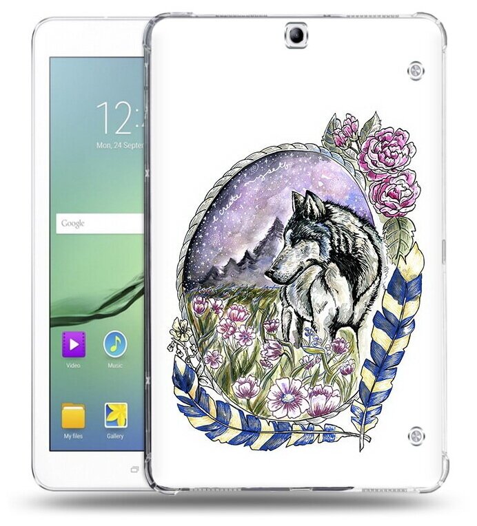 Чехол задняя-панель-накладка-бампер MyPads нарисованный волк в цветах с перьями для Samsung Galaxy Tab S2 9.7 SM-T810/T813/T815/T819 противоударный