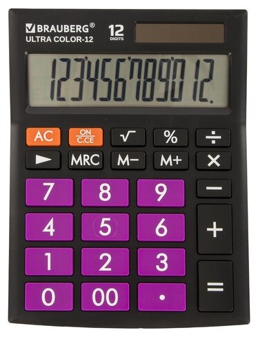 Калькулятор настольный BRAUBERG ULTRA COLOR-12-BKPR (192x143 мм), 12 разрядов, двойное питание, черно-фиолетовый, 250501