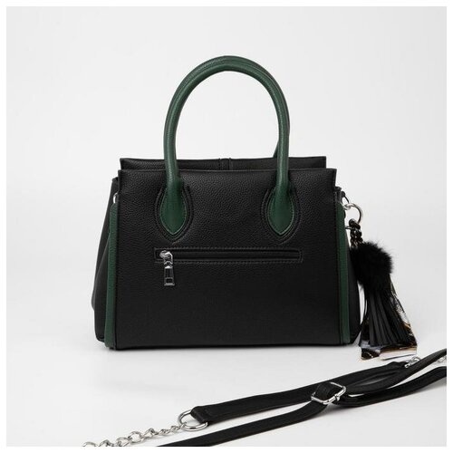 фото Сумка-тоут, отдел на молнии, наружный карман, длинный ремень, цвет чёрный/зелёный yandex market