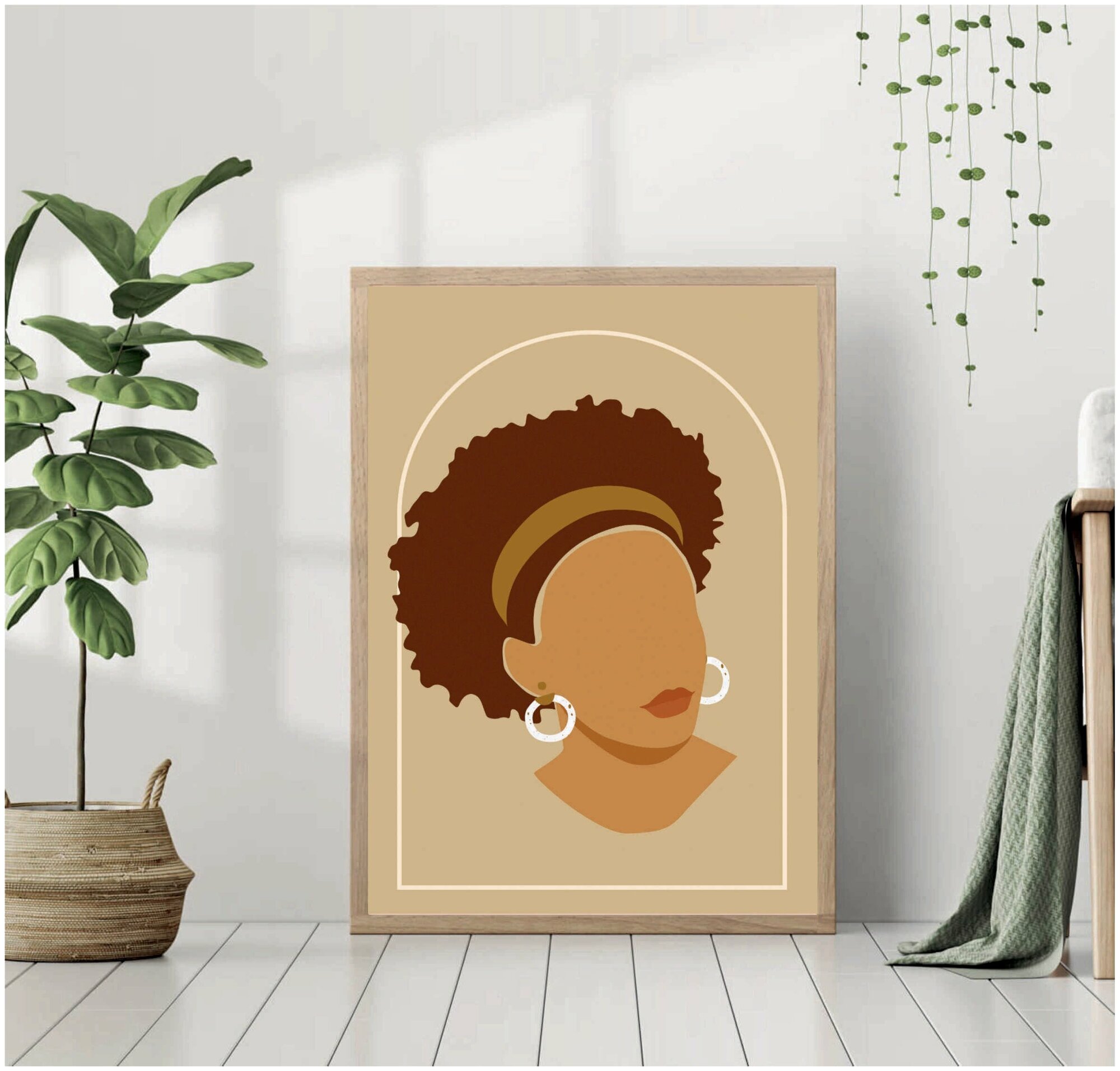Постер без рамки "Лицо африканской женщины с повязкой на голове. Минимализм. Стиль бохо" 30*40 в тубусе / Картина для интерьера