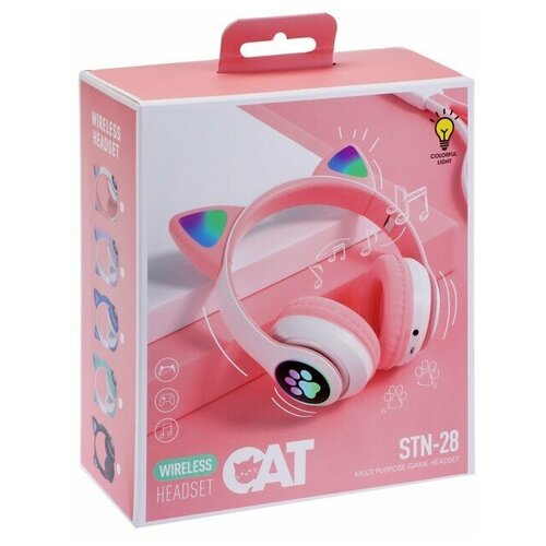 Наушники-Кошки MYBIT W-32, беспроводные, MIC, BT 5.0, AUX, microSD, MP3, 400 мАч, розовые