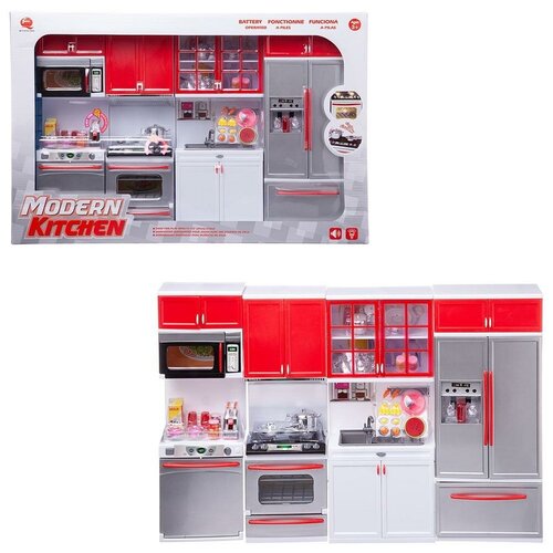 Кухня кукольная Модерн, 4в1, серебристо-красная, 54х9,5х36см, со звуковыми и световыми эффектами, 26211