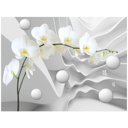 Фотообои Уютная стена Цветы орхидеи на фоне изломанных линий 360х270 см Бесшовные Премиум (единым полотном)