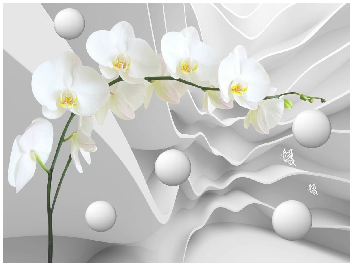 Фотообои Уютная стена "Цветы орхидеи на фоне изломанных линий" 360х270 см Бесшовные Премиум (единым полотном)