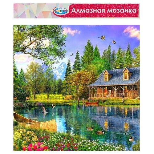 Алмазная мозаика без подрамника, частичное заполнение «Домик на озере» 40×50 см