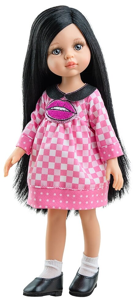 Кукла Paola Reina Карина в розовом клетчатом платье с вышивкой, 32 см