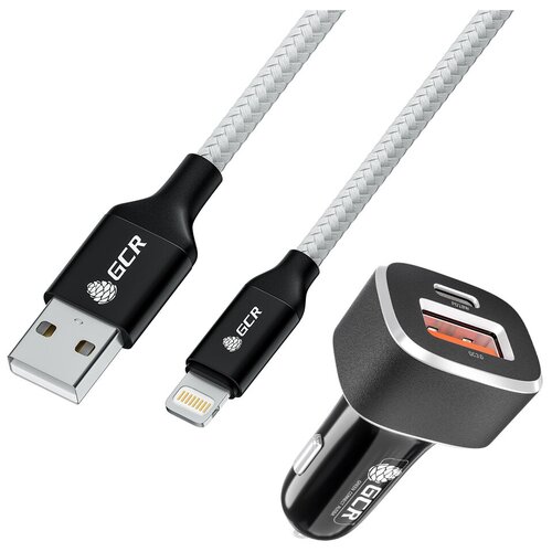 Комплект автомобильное зарядное устройство на 2 USB порта QC3.0 + PD18W [TypeA + TypeC] + Кабель GCR 1.0 метр Lightning, белый нейлон (7753514)