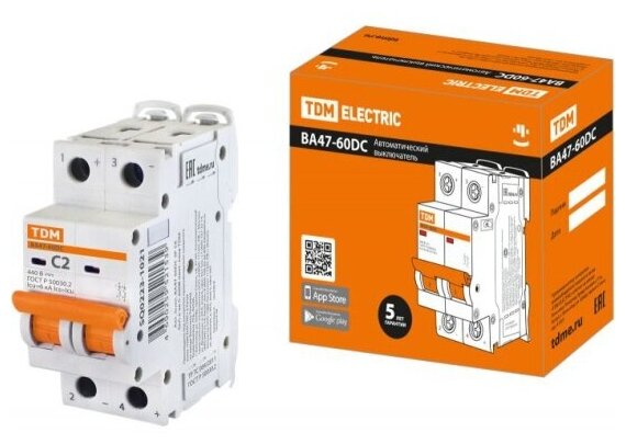 Автоматический выключатель Tdm Electric ВА47-60DC 2P 2А 6кА х-ка С (SQ0223-1021)