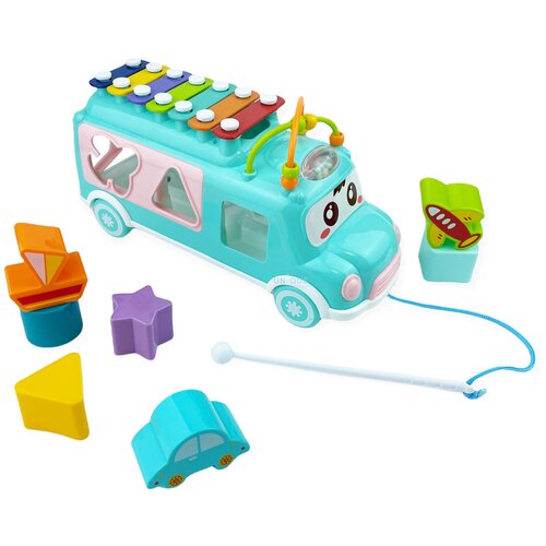 фото Развивающая музыкальная игрушка сортер автобус-ксилофон зеленый для малышей he-8036