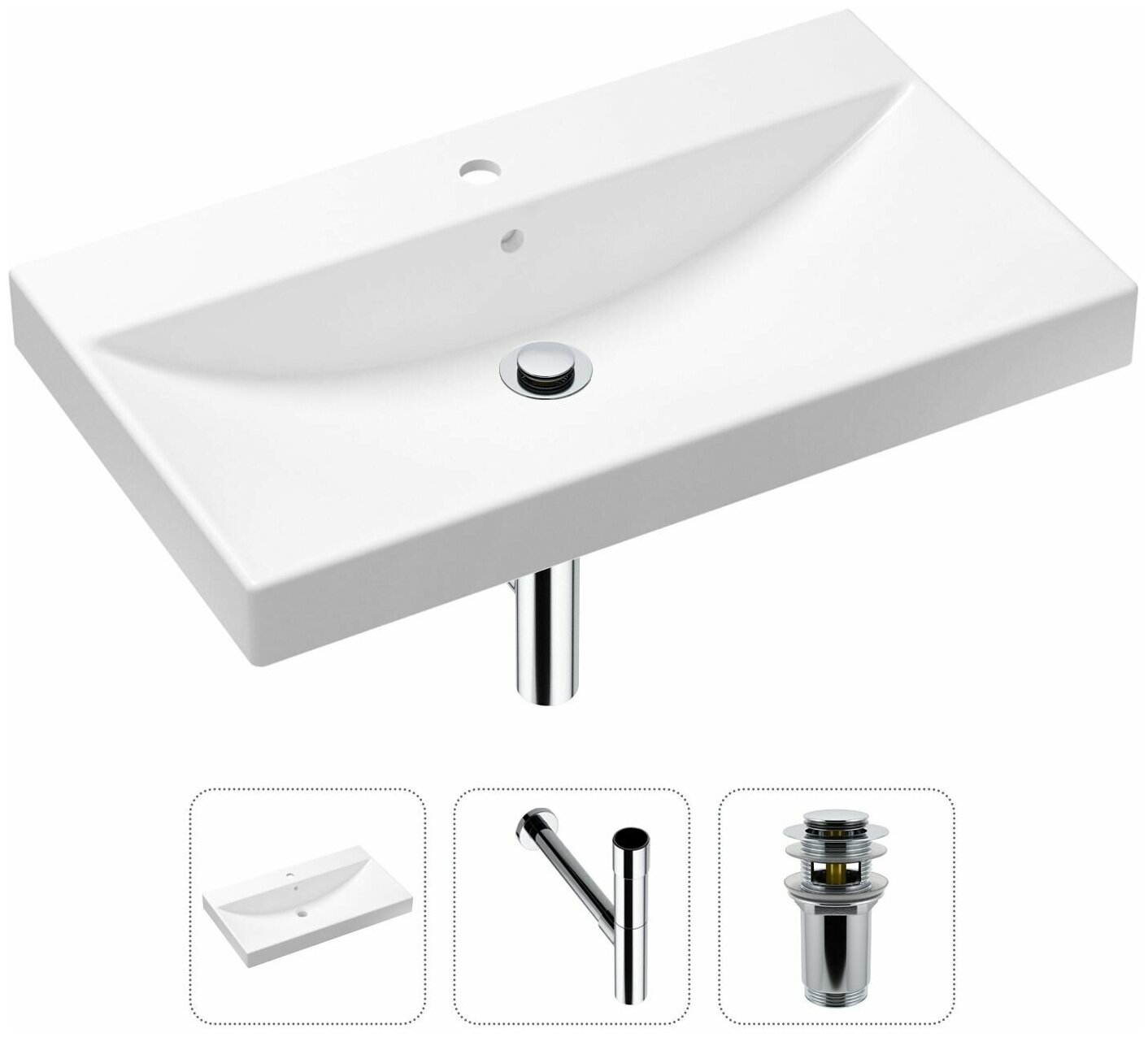 Комплект 3 в 1 Lavinia Boho Bathroom Sink 21520620: врезная фарфоровая раковина 80 см, металлический сифон, донный клапан