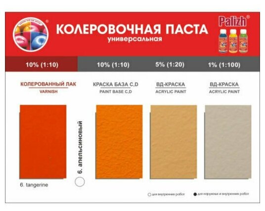 Колер палитра Palizh Universal Standart №6 Цвет Апельсин 0,1л