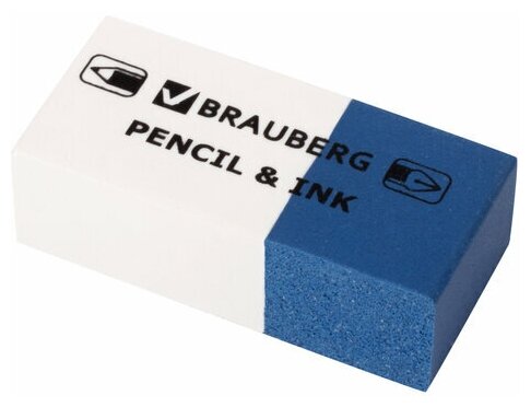 Ластик BRAUBERG "PENCIL & INK", 39х18х12 мм, для ручки и карандаша, бело-синий, 229578