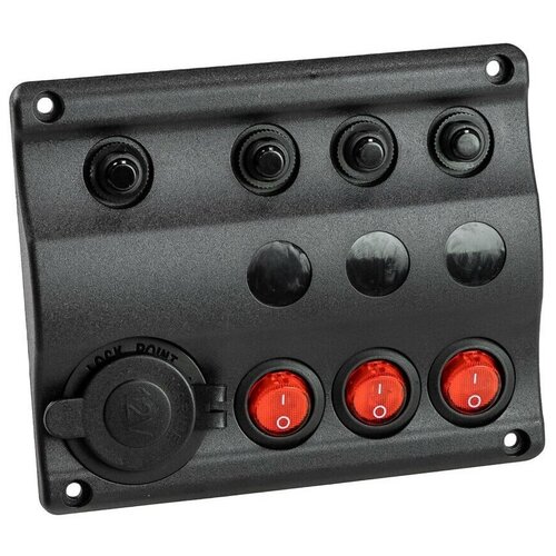 фото Панель бортового питания 3 переключателя с индикацией, гнездо прикуривателя, 12 в, автоматические предохранители, влагозащищенная, aaa, тайвань aaa worldwide