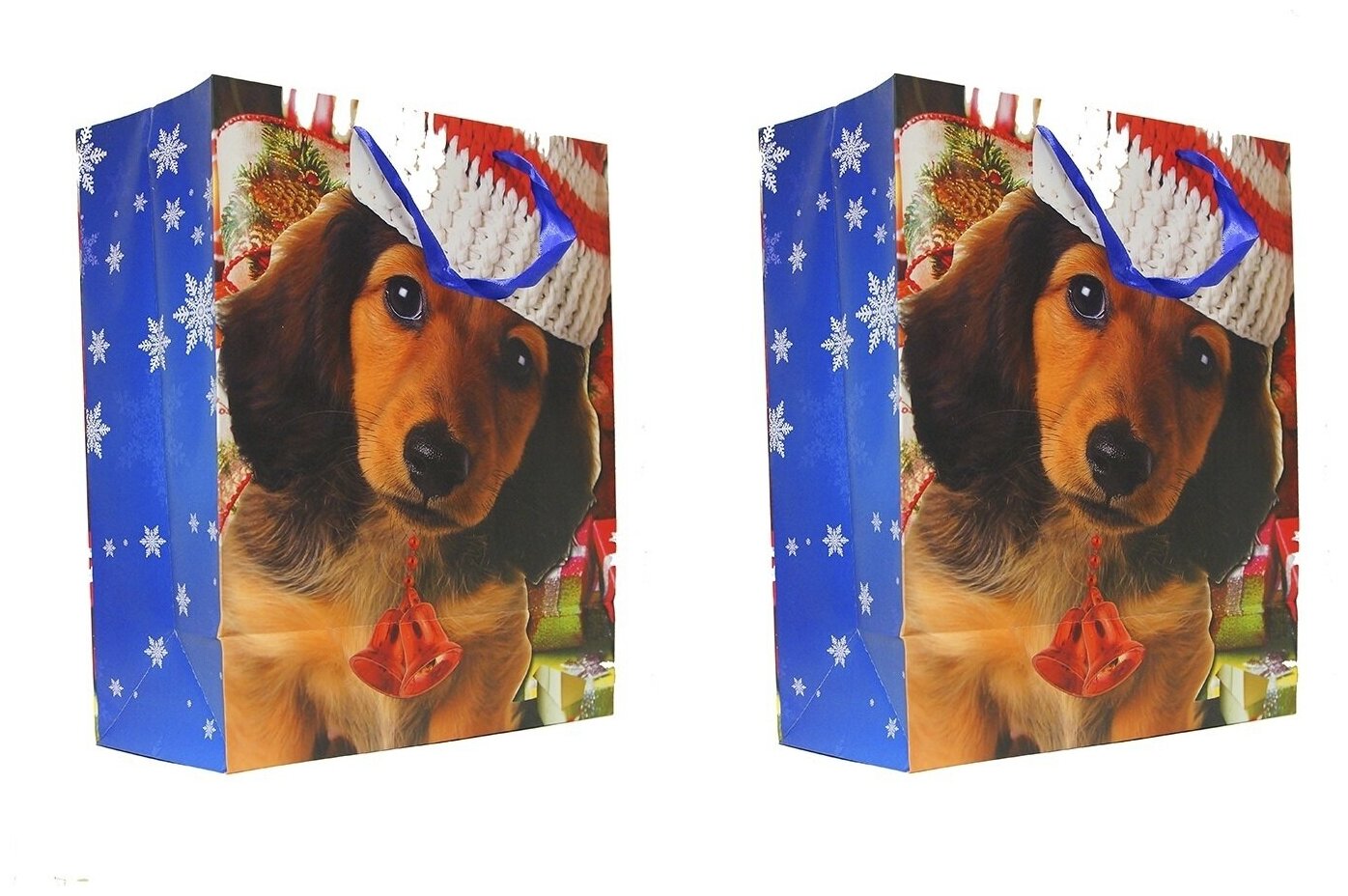 Пакет подарочный 2 штуки 26*32*12,7 см Щенок интерактивный такса собака цвет красный, белый, синий