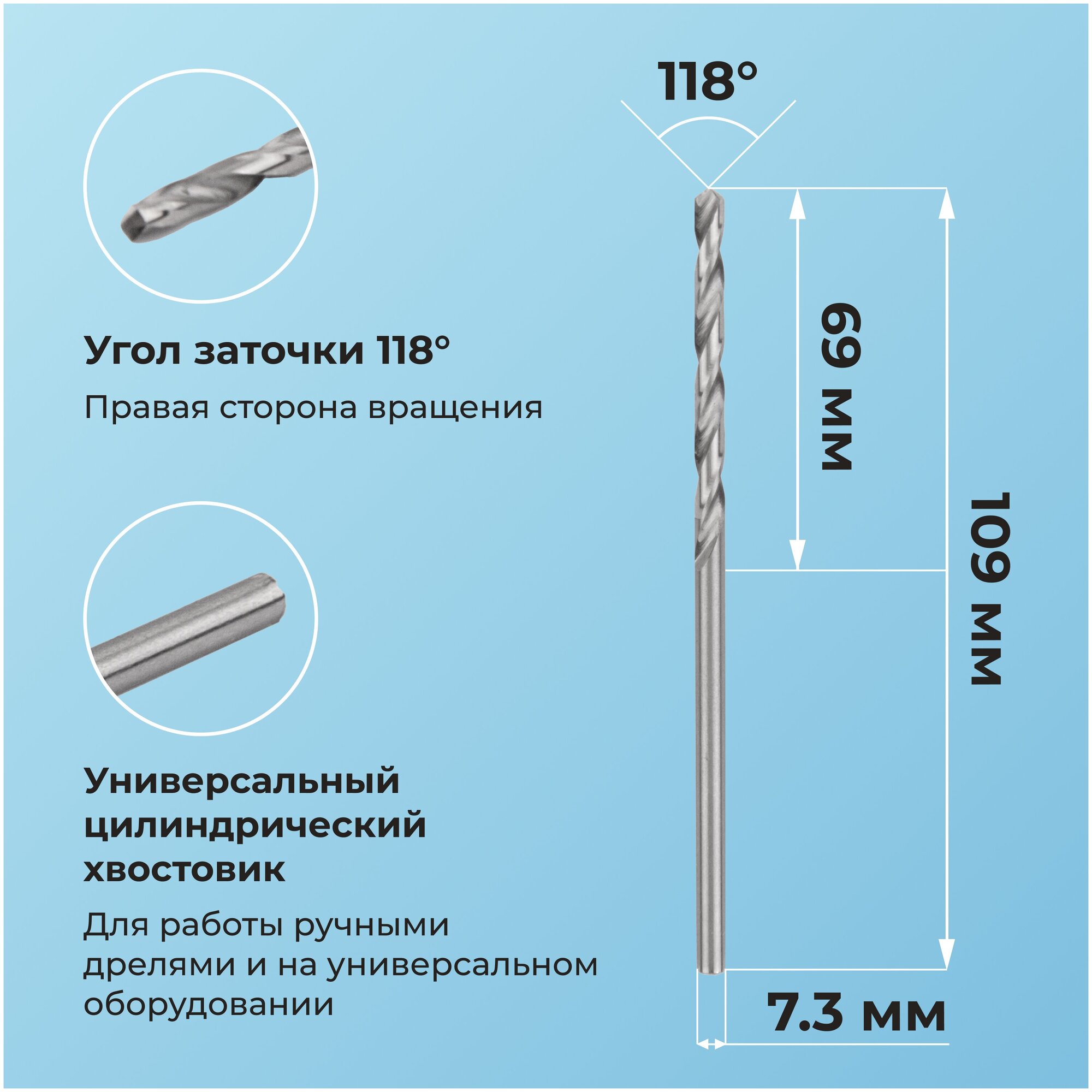 Сверло по металлу 7,3 мм NORGAU Industrial из быстрорежущей HSS стали с подточкой перемычки - фотография № 3