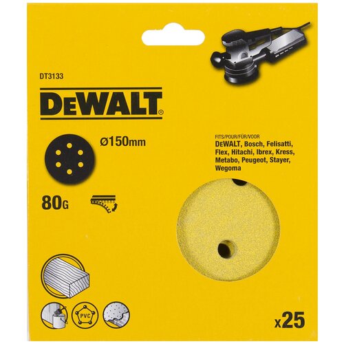 Шлифовальные круги DEWALT DT3133, 150 мм, 6 отверстий, 80G, 25 шт.