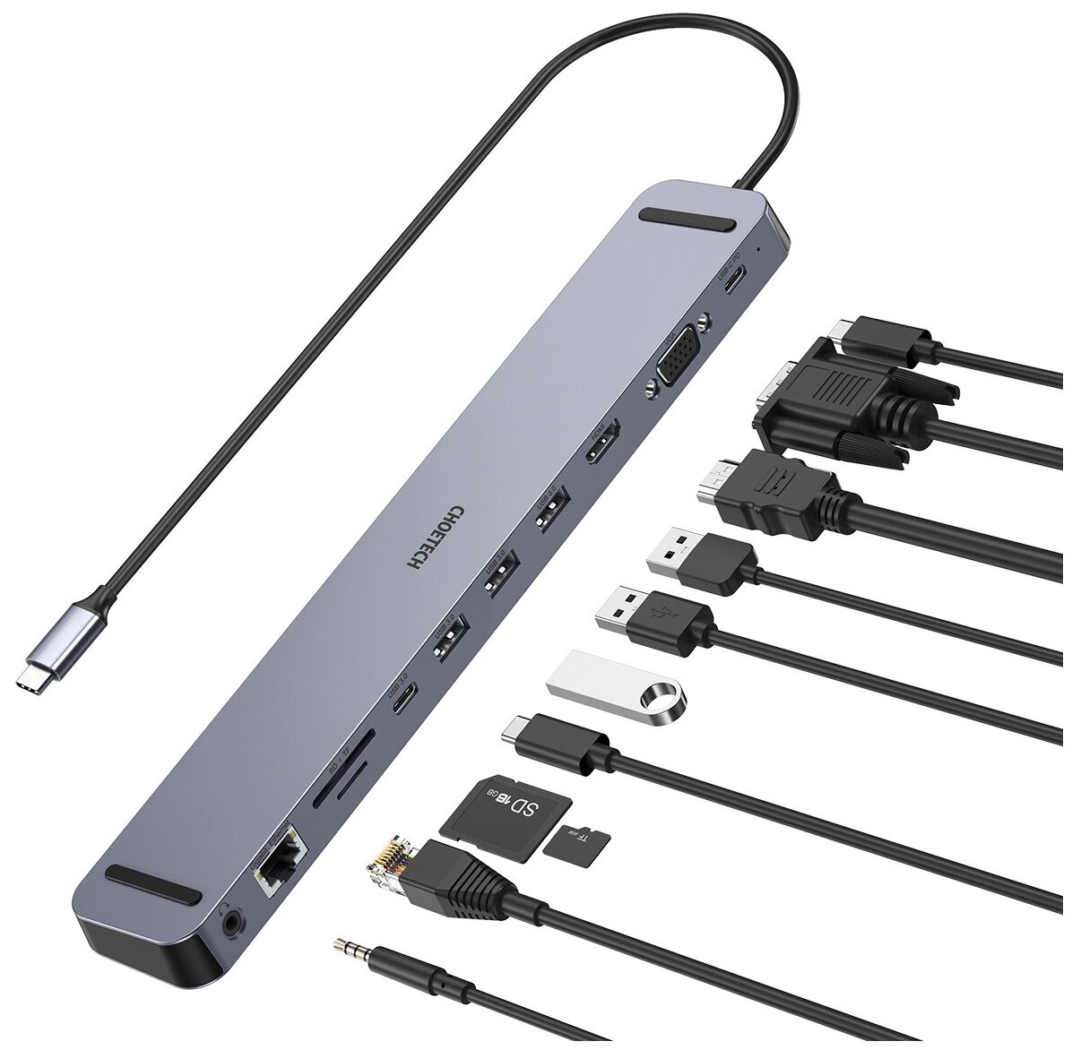 USB-концентратор (хаб) Choetech 11 в 1 (4 x USB 3,0, 1 x U SB-C PD ,1 x 4K HDMI, 1 x VGA, 1 x RJ45, 1 x jack 3,5 мм, 2 x SD/Micro SD) (HUB-M20)