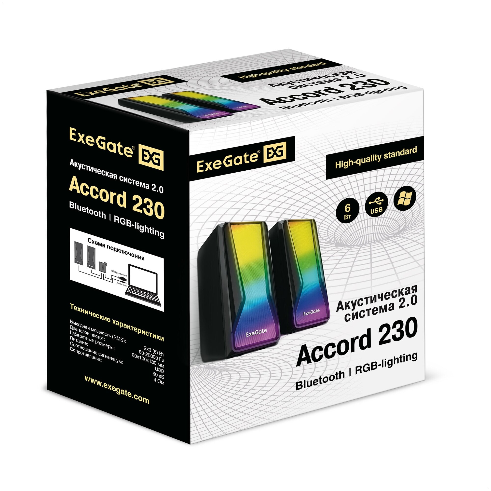 Акустическая система 2.0 ExeGate Accord 230 (USB, BT, 2х3Вт (6Вт RMS), 60-20000Гц, черн, RGB подсв)EX289687RUS