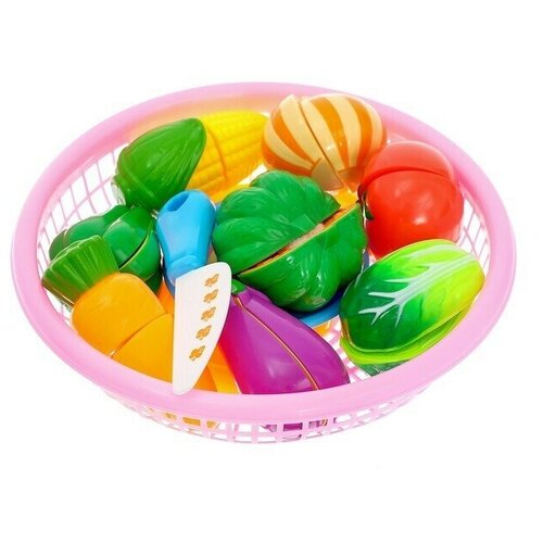 guclu набор посуды в корзинке 19 предметов микс Набор продуктов-нарезка Поварёнок в корзинке, на липучках, 12 предметов, цвета микс