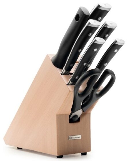 Набор кухонных ножей Wuesthof серия Classic Ikon 5 ножей+ мусат+ ножницы на светлой деревянной подставке