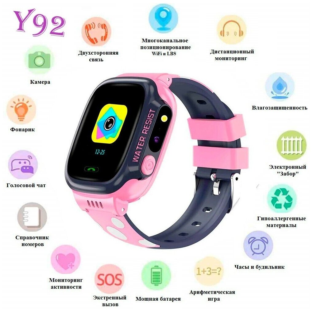 Умные детские часы с телефоном и GPS трекером Smart Watch Y92 Розовые