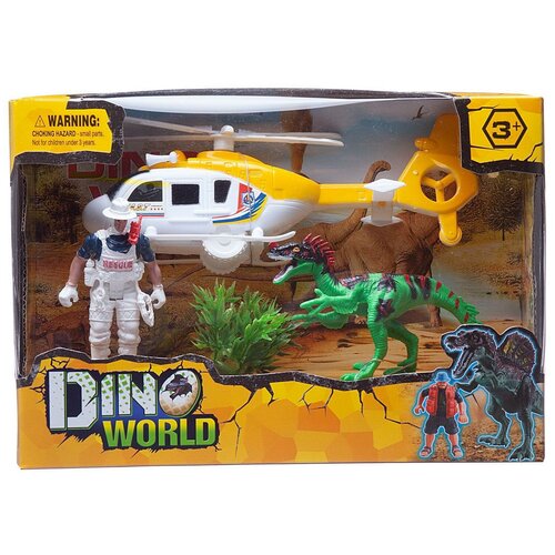 фото Игровой набор junfa мир динозавров (динозавр, вертолет, фигурка человека, акссесуары) junfa toys