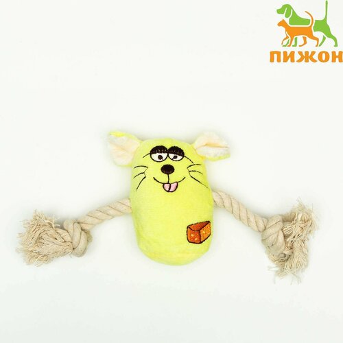 Игрушка мягкая для собак Веселая мышка с канатом и пищалкой, 20 х 13 см, жёлтая