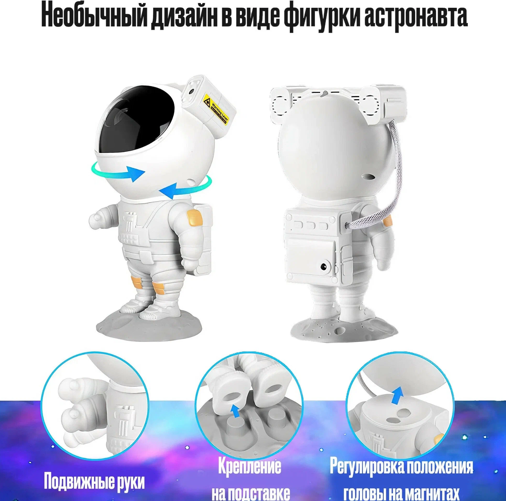 Светильник детский астронавт с пультом /ночник детский космонавт / настольная лампа для новорожденных/ проектор звездного неба/белый