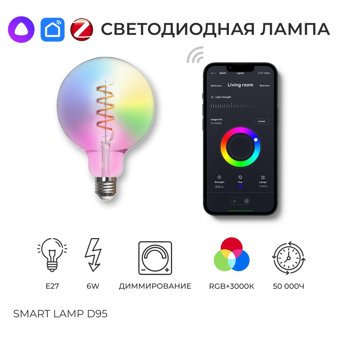 Светодиодная лампа. Умная лампа Е27, 6W. RGB ретро лампа. LED лампа SMART LAMP D95