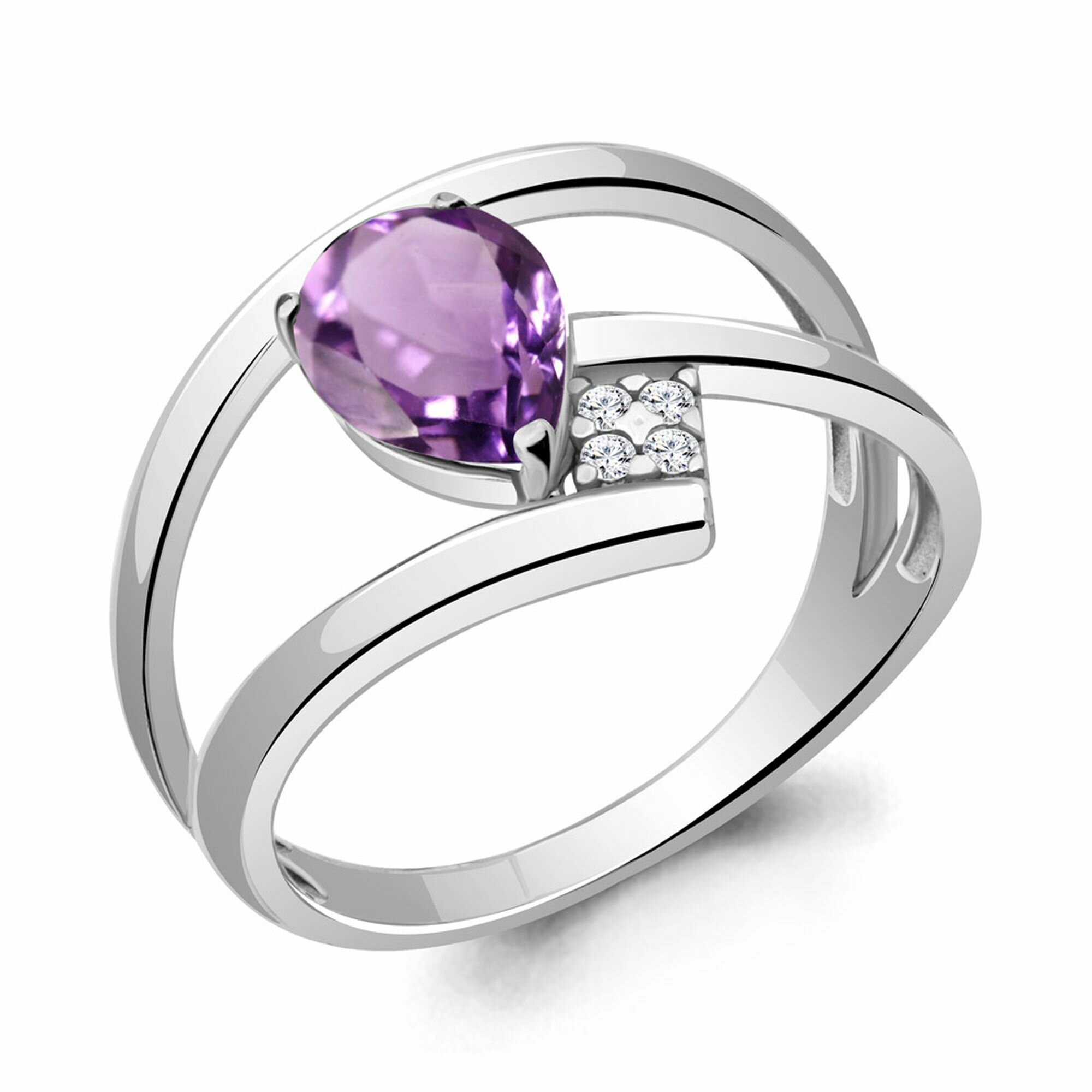 Кольцо Diamant online, серебро, 925 проба, родирование, фианит, аметист, размер 18, фиолетовый