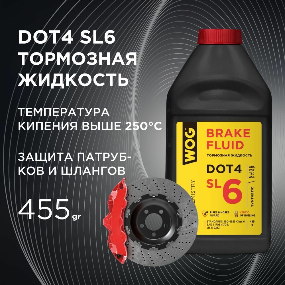 Тормозная жидкость DOT 4 SL6 (Дот 4 класс 6) (+275C) синтетическая для системы с ABS, ESP, TSC, ASC с комплексом антикоррозийных присадок WOG WGC0142, 0.45 л