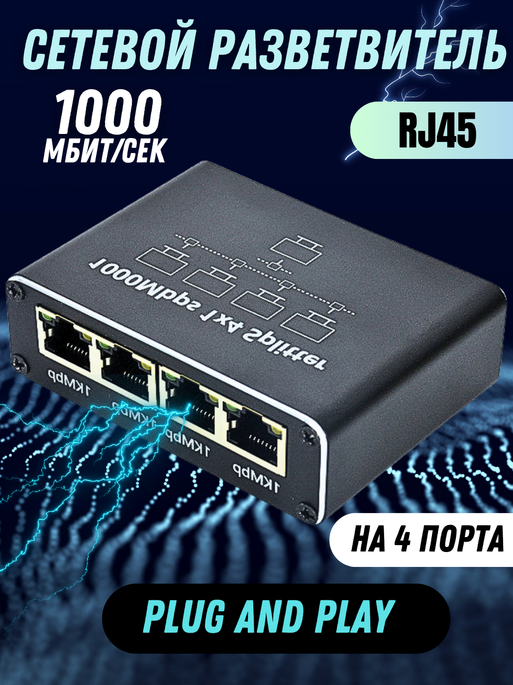 Интернет разветвитель для соединения RJ45, сетевой сплиттер для LAN кабеля, Ethernet переходник - адаптер на 1000 Мбит/с на 4 порта, MoodSpark. — фото 1