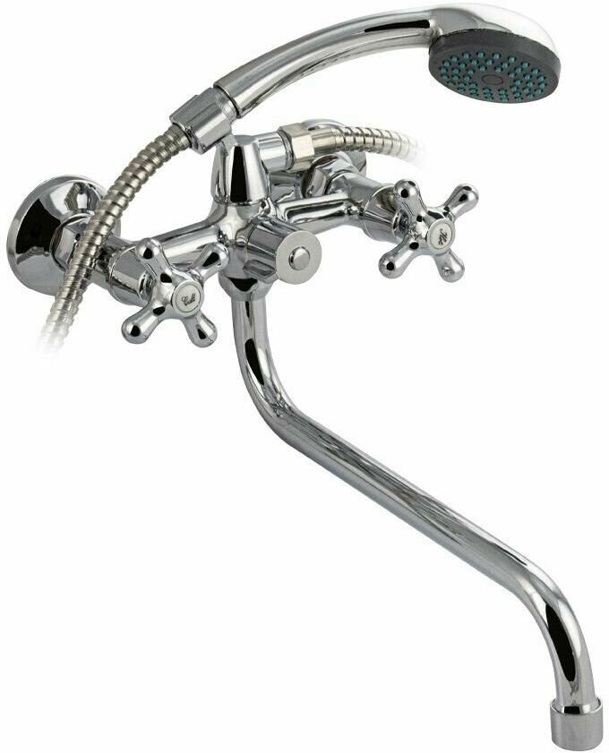 Смеситель в ванную металлокерамика с переключением щелчок, ручка крест с длинным изливом