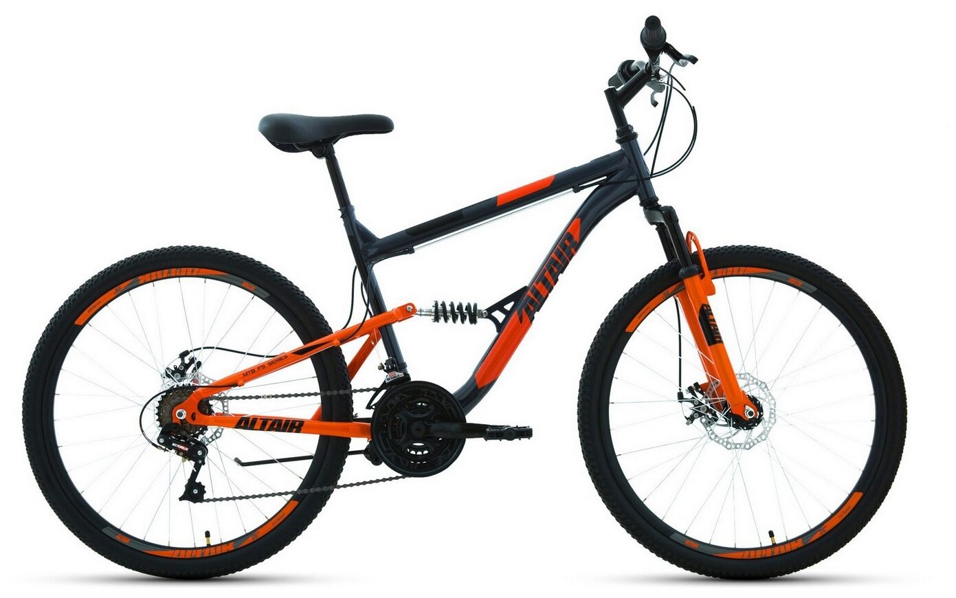 Велосипед ALTAIR MTB FS 26 2.0 disc (26" 18 ск. рост 16") 2020-2021, темно-серый/оранжевый, RBKT1F16E015