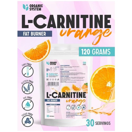 Organic System Жиросжигатель аминокислота L-Carnitine со вкусом Апельсин 120г pro food жиросжигатель аминокислота l carnitine со вкусом бабл гам 120г