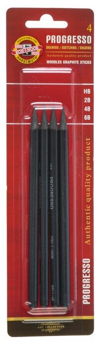 Набор карандашей цельнографитовых разной твердости 4 штуки, 8914, 6B-HB, блистер