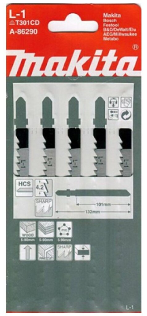 Пилки для лобзика Макита A-86290 5шт,L1,HCS\HSS,132\4.2мм,рез-90мм,точн\пропил