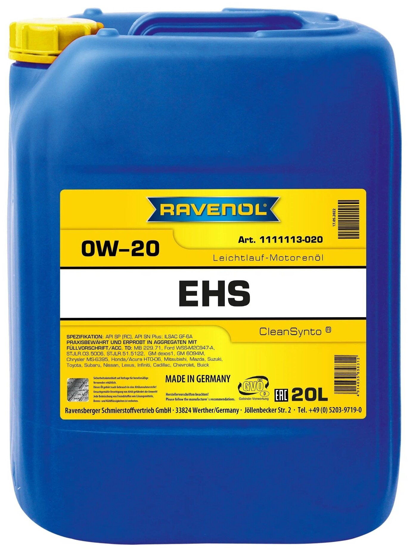 Моторное масло RAVENOL EHS SAE 0W-20 (20л)