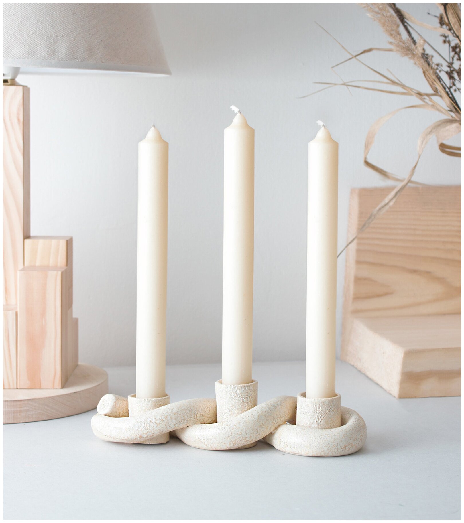 Керамический подсвечник на три свечи "Коса" песочный - фотография № 2