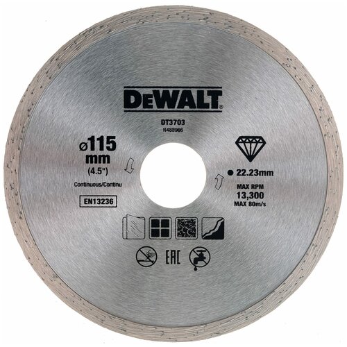 Диск 115 по керамограниту DeWalt DT3703-QZ алмазный, сплошной диаметр 115 мм, посадка 22 мм, ширина 5мм