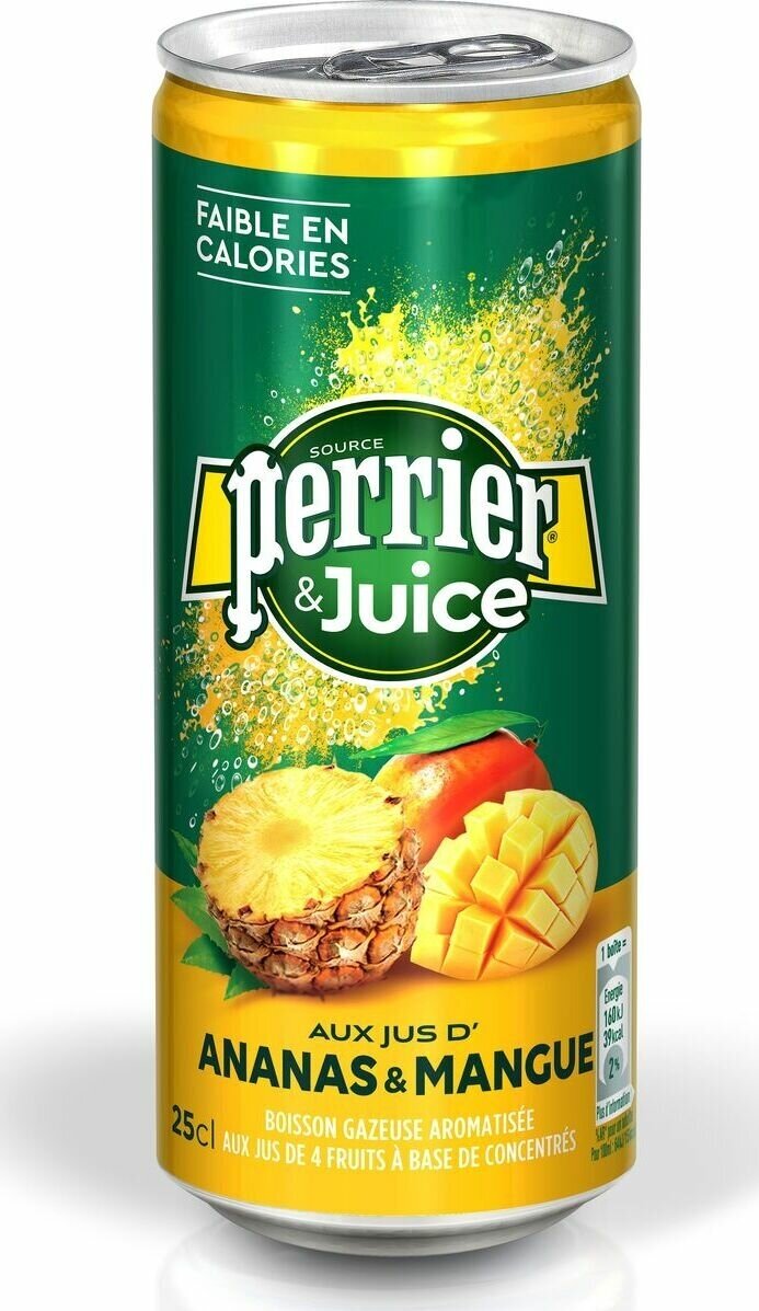 Вода минеральная Perrier (Перье) Ананас-Манго 4 шт. по 0.25 л, газированная, ж/б