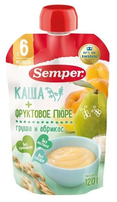 Пюре фруктово-злаковое SEMPER Грушево-абрикосовое, с кашей, с 6 месяцев, 120г